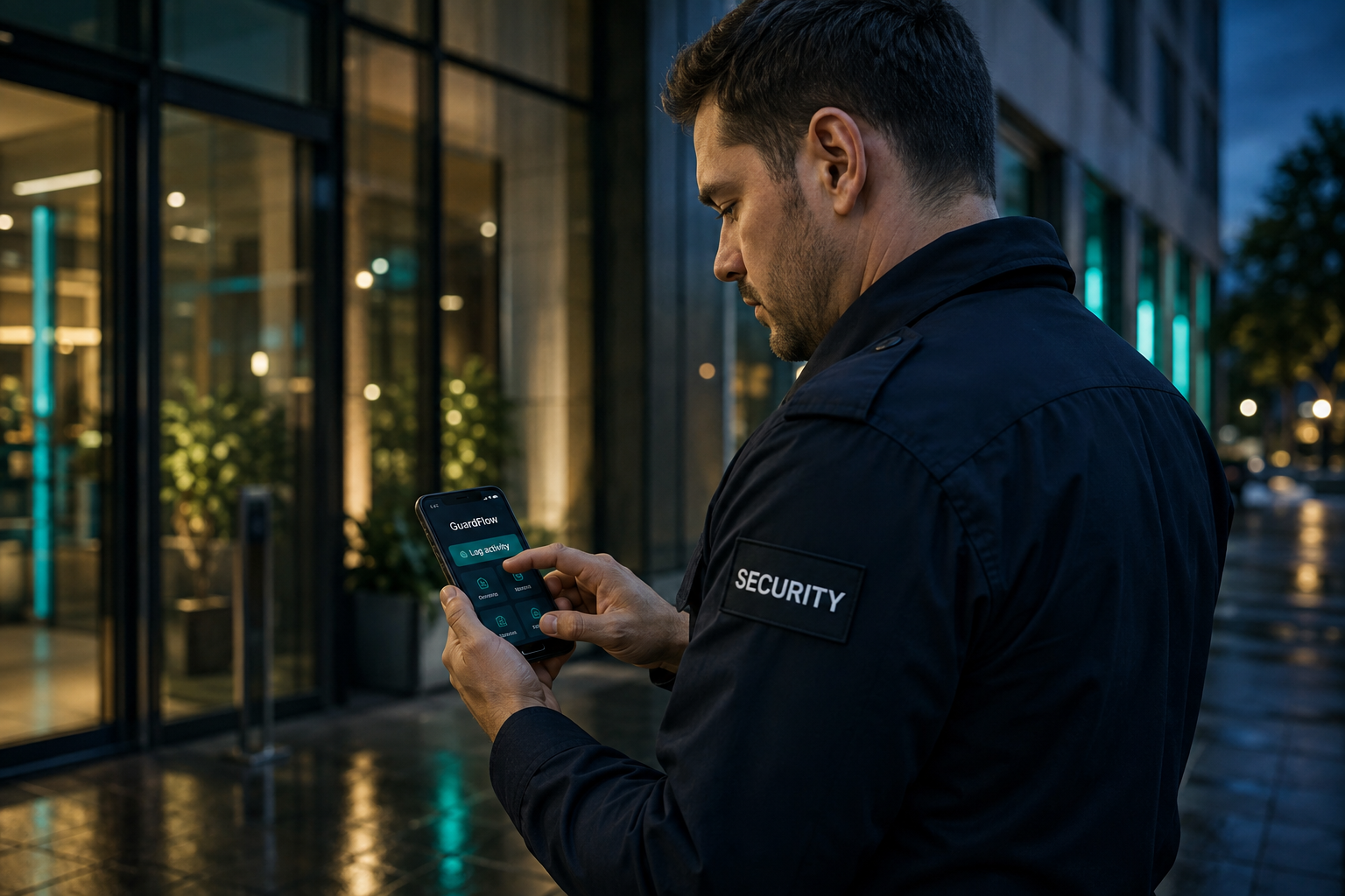 Illustrative security officer logging activity on a GuardFlow smartphone screen outside a commercial building