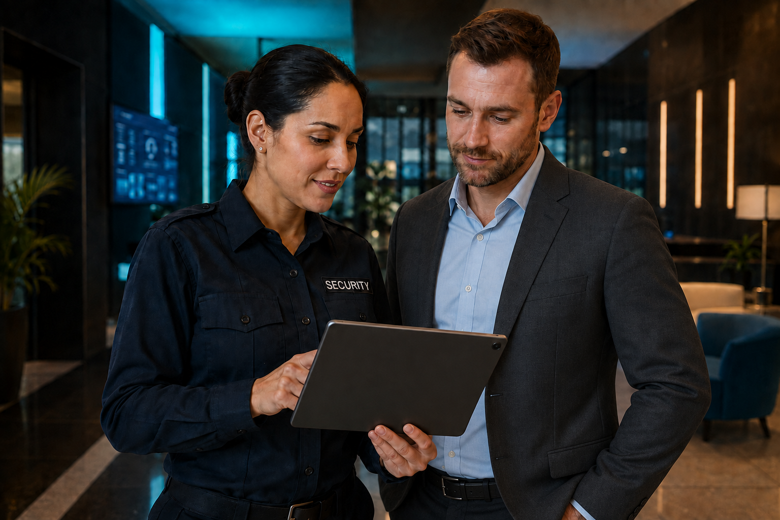 Illustrative security supervisor reviewing site information on a tablet with a client in business attire